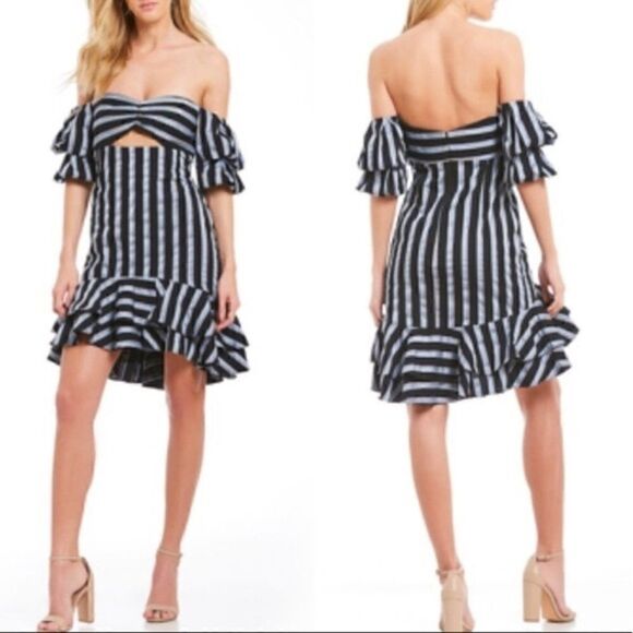 WAYF Korbin Striped Off the Shoulder Dress, Navy/Pink, Women's Small - Picture 1 of 6
